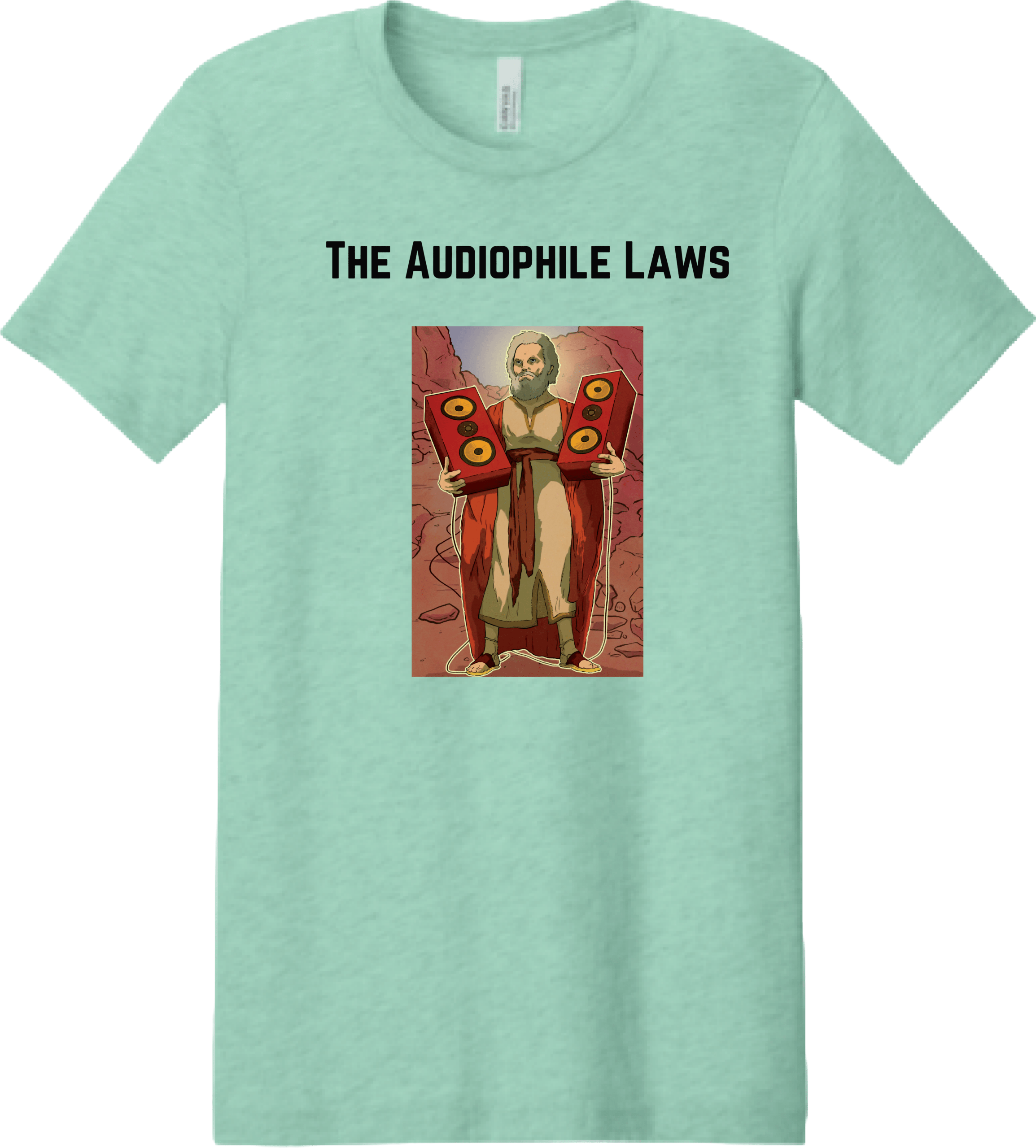 A mint green t-shirt featuring a cartoonish figure resembling a philosopher, holding large red speakers, with the text "The Audiophile Laws" above.